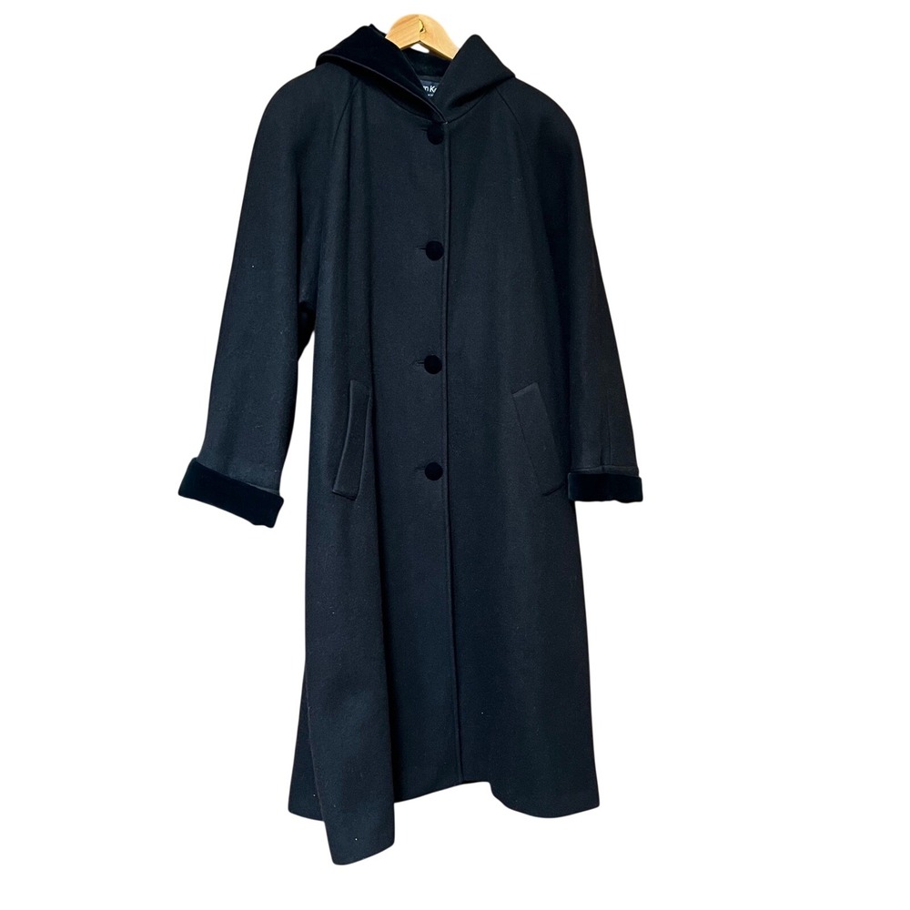 Herman Kay 100% Wool Maxi Trench Coat Hooded WhimsiGoth Black Velvet Trim Sz‎ 14